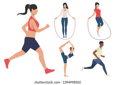 Set of fitness activities. Men and women jumping rope, doing yoga and running. Sport concept. Vector illustration can be used for topics like active lifestyle or outdoor workout