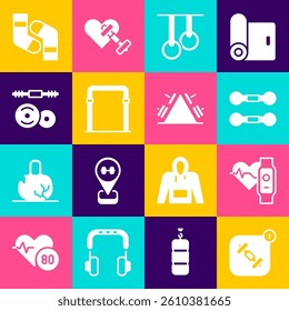 Set Fitness app, Smart watch with heart, Dumbbell, Gymnastic rings, Sport horizontal bar, Barbell, Socks and Metal rack weight icon. Vector