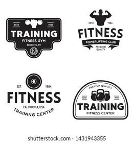 Set of fitness badges with sport equipment and people. Labels in vintage style with sport silhouette symbols. Vector illustration.