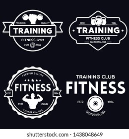 Set of fitness badges with sport equipment and people. Labels in vintage style with sport silhouette symbols. Vector illustration.