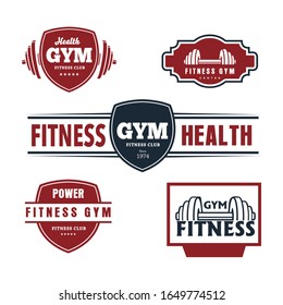 set of fitness badges with sport equipment and people. Labels in vintage style with sport silhouette symbols.