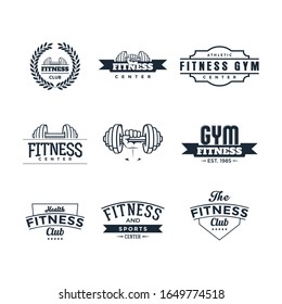 set of fitness badges with sport equipment and people. Labels in vintage style with sport silhouette symbols.