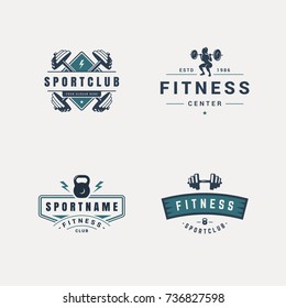 set of fitness badges with sport equipment and people. Labels in vintage style with sport silhouette symbols.