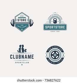 set of fitness badges with sport equipment and people. Labels in vintage style with sport silhouette symbols.