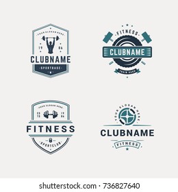 set of fitness badges with sport equipment and people. Labels in vintage style with sport silhouette symbols.