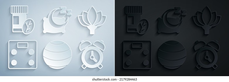 Set Fitness ball, Lotus flower, Bathroom scales, Alarm clock, Time to sleep and Vitamin pill icon. Vector