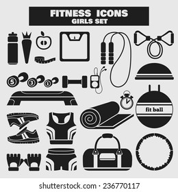 Set of fitness black icons in flat style for girls. Vector illustration with various sport symbols for healthy life on light background