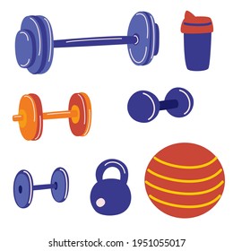Set of fitness and bodybuilding equipment. Home gym set. Sport healthy life concept. Fitness activity concept. Sport gym cartoon vector objects.