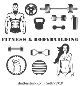 Set of fitness & bodybuilding equipment monochrome icons isolated on white background. Bodybuilder & Fitness girl model illustration. Design elements for logo, label, emblem.