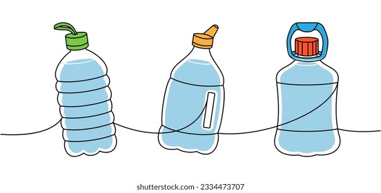 Set of fitness bottles one line colored continuous drawing. Empty plastic bottles continuous one line illustration. Vector linear illustration.