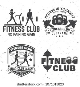 Set of fitness club badges. Vector. For fitness centers emblems, gym signs and others related health and gym business. Girl run on the treadmill machine and Man doing heavy deadlifts