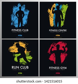 Set of Fitness Club Banners with man on the color grunge style background