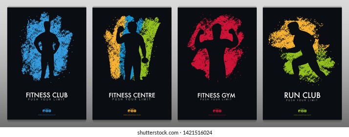 Set of Fitness Club Banners with man on the color grunge style background