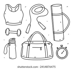 Set of fitness doodles - dumbbells, jump rope, yoga mat, sport bag, water bottle, stopwatch. Sports equipment. Vector hand-drawn illustration isolated on white background. Healthy lifestyle.