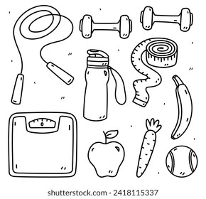 Set of fitness doodles - dumbbells, jump rope, sport water bottle, measuring tape, scales, tennis ball, diet food. Vector hand-drawn illustration isolated on white background. Healthy lifestyle.