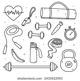 Set of fitness doodles - dumbbells, kettlebell, barbell, jump rope, yoga mat, stopwatch, measuring tape. Sports equipment.Vector hand-drawn illustration isolated on white background. Healthy lifestyle