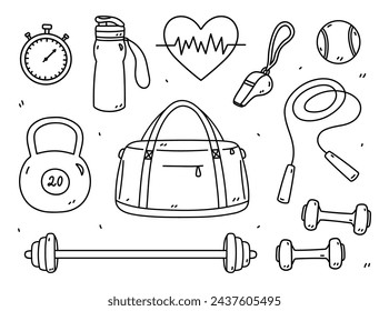 Conjunto de garabatos de fitness - mancuernas, kettlebell, barra, cuerda de salto, cronómetro, bolsa de deporte y otros. Ilustración hecha a mano del vector aislada en el fondo blanco. Estilo de vida saludable.