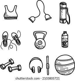 Set of fitness elements in doodle style. Collection icons: bra, expander, fitness mat, sneakers, kettlebell, bottle of water, dumbbells, headphones, watch, fitball. Contour, black and white vector ill