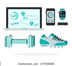 Set of fitness equipment, app devices and sport shoes vector icon flat isolated.