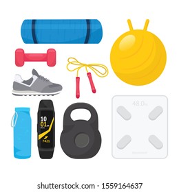 Set of fitness equipment vector illustration isolated on white background. Physical exercise accessories pack for home and gym workouts. Yoga mat, fitball, dumbbells, sneakers, jump rope, kettlebell