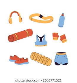 Set of fitness essentials in flat style sportswear, yoga mat, water bottle, headphones, gloves, shoes, and resistance band. Perfect for gym, workout, or healthy lifestyle illustrations. Vector
