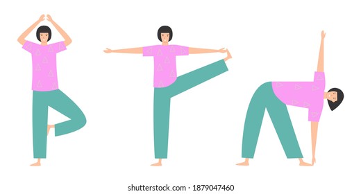 
A set of fitness exercises of a beautiful woman in sportswear. Online yoga for the home. Flat vector illustration. Sports fitness training. Healthy lifestyle during quarantine.