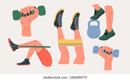 Set Fitness exercises with a rubber band, kettlebell, dumbbell.Sport revolution concept. Vector colorful illustration in cartoon style.	