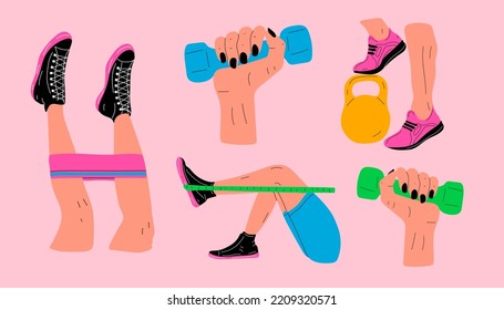 Set Fitness exercises with a rubber band, kettlebell, dumbbell.Sport revolution concept. Vector colorful illustration in cartoon style.	