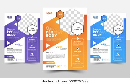 Set of fitness flyers.Gym flyer template. fitness gym business flyer design with unique shape.