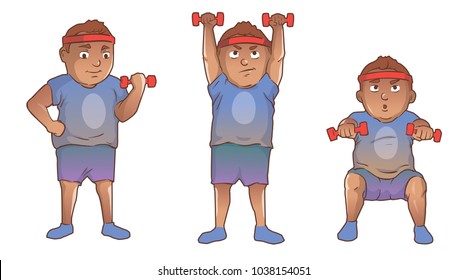 set fitness guy. Kids emoji. Vector cartoon illustration on a white background.