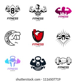 Set of Fitness and gym center badge logo design template. Gymnastic bodybuilder sport club icon vector illustration collection