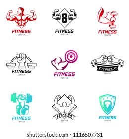 Set of Fitness and gym center badge logo design template. Gymnastic bodybuilder sport club icon vector illustration collection