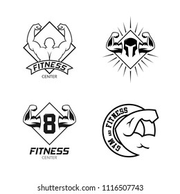 Set of Fitness and gym center badge logo design template. Gymnastic bodybuilder sport club icon vector illustration collection