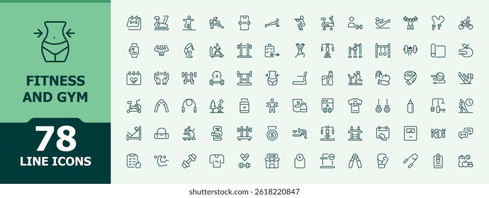 Set of Fitness and Gym line icon. Lifestyle modern vector ui icons. Minimalist icons pack. Exercise icon collection. Editable stroke vector art.