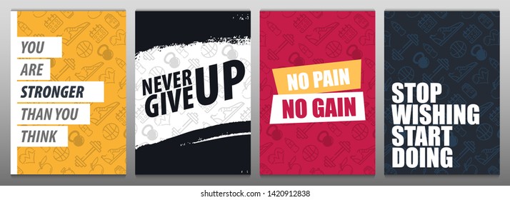 Set Of Fitness Gym Motivation Quote. Hand Draw Doodle Background