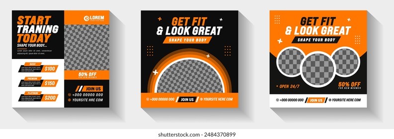 Set of Fitness Gym social media post banner design template with yellow and black color. Sports or Workout exercise Stylish graphics template social media post square promotion banner. gym post banner