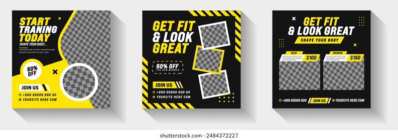 Set of Fitness Gym social media post banner design template with yellow and black color. Sports or Workout exercise Stylish graphics template social media post square promotion banner. gym post banner