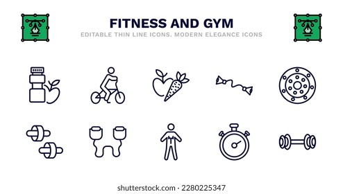 set of fitness and gym thin line icons. fitness and gym outline icons such as riding bicycle, carrot and, exercise bands, weight drive, fitness wheel, wheel, resistance band, anatomy, big stopwatch,