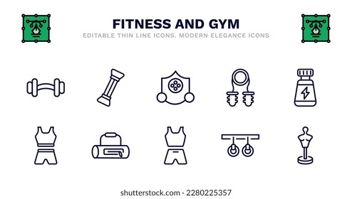 set of fitness and gym thin line icons. fitness and gym outline icons such as arms extender, elevation mask, sport expander, phytonutrients, female sportwear, female sportwear, gym bag, sport wear,