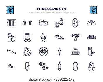 set of fitness and gym thin line icons. fitness and gym outline icons such as locker, trainers, pulsometer, headgear, dumbbells exercise, fitness ball, gym bag, tracker, boxing bag, grip vector.
