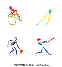 Set of fitness icons of different sports with abstract people
