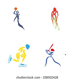 Set of fitness icons of different sports with abstract people