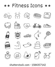 Set of Fitness Icons in Doodle Style Vector Illustration