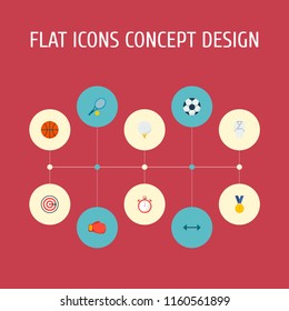 Set of fitness icons flat style symbols with football, winner medal, darts and other icons for your web mobile app logo design.