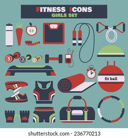 Set of fitness icons in flat style for girls. Vector illustration with various sport symbols for healthy life 