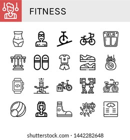 Set of fitness icons such as Gymnast, Waist, Swimmer, Rope biking, Bike, Bathroom scale, Bench press, Sneakers, Sport, Shoes, Kettlebell, Smartwatch, Yoga, Bicycle, Waltz , fitness