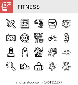 Set of fitness icons such as Whistle, Billiard, Sport, Bike, Boxing gloves, Pool, Medical tape, Dance, Bicycle, Smartwatch, Swimmer, Skipping rope, Gymnast, Dancing , fitness