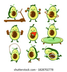 Set of fitness illustrations with avocado. Treadmill, dumbbells, hoop, barbell, heart, trampoline, jump rope, rollers, swimming. Vector isolated on white.