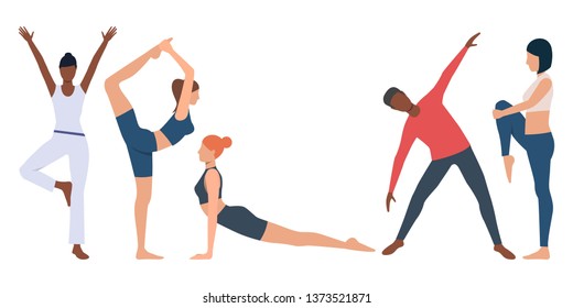 Set of fitness instructor practicing yoga. Flexible young people strengthening body. Vector illustration for body conscious, presentation, promo