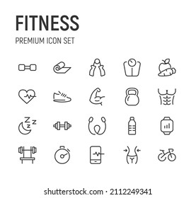 Conjunto de iconos de la línea de fitness. Paquete de carteles de moda. Pixel perfecto objetos para interfaz de usuario, aplicaciones y web. 